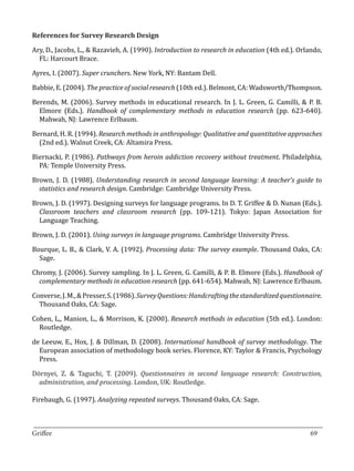 Ary, D., Jacobs, L., & Razavieh, A. (1990). Introduction to research in education (4th ed.). Orlando,
References for Survey Research Design


  FL: Harcourt Brace.

Ayres, I. (2007). Super crunchers. New York, NY: Bantam Dell.

Babbie, E. (2004). The practice of social research (10th ed.). Belmont, CA: Wadsworth/Thompson.

Berends, M. (2006). Survey methods in educational research. In J. L. Green, G. Camilli, & P. B.
  Elmore (Eds.). Handbook of complementary methods in education research (pp. 623-640).
  Mahwah, NJ: Lawrence Erlbaum.

Bernard, H. R. (1994). Research methods in anthropology: Qualitative and quantitative approaches
  (2nd ed.). Walnut Creek, CA: Altamira Press.

Biernacki, P. (1986). Pathways from heroin addiction recovery without treatment. Philadelphia,
  PA: Temple University Press.

Brown, J. D. (1988). Understanding research in second language learning: A teacher’s guide to
  statistics and research design. Cambridge: Cambridge University Press.

Brown, J. D. (1997). Designing surveys for language programs. In D. T. Griffee & D. Nunan (Eds.).
  Classroom teachers and classroom research (pp. 109-121). Tokyo: Japan Association for
  Language Teaching.

Brown, J. D. (2001). Using surveys in language programs. Cambridge University Press.

Bourque, L. B., & Clark, V. A. (1992). Processing data: The survey example. Thousand Oaks, CA:
  Sage.

Chromy, J. (2006). Survey sampling. In J. L. Green, G. Camilli, & P. B. Elmore (Eds.). Handbook of
  complementary methods in education research (pp. 641-654). Mahwah, NJ: Lawrence Erlbaum.

Converse, J. M., & Presser, S. (1986). Survey Questions: Handcrafting the standardized questionnaire.
  Thousand Oaks, CA: Sage.

Cohen, L,, Manion, L., & Morrison, K. (2000). Research methods in education (5th ed.). London:
  Routledge.

de Leeuw, E., Hox, J. & Dillman, D. (2008). International handbook of survey methodology. The
  European association of methodology book series. Florence, KY: Taylor & Francis, Psychology
  Press.

Dörnyei, Z. & Taguchi, T. (2009). Questionnaires in second language research: Construction,
  administration, and processing. London, UK: Routledge.

Firebaugh, G. (1997). Analyzing repeated surveys. Thousand Oaks, CA: Sage.


_________________________________________________________________________________
Griffee										 			69
 