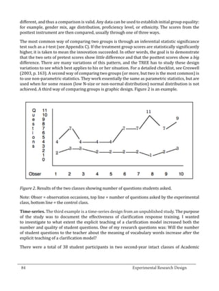 different, and thus a comparison is valid. Any data can be used to establish initial group equality:
  for example, gender mix, age distribution, proficiency level, or ethnicity. The scores from the
  posttest instrument are then compared, usually through one of three ways.

  The most common way of comparing two groups is through an inferential statistic significance
  test such as a t-test (see Appendix C). If the treatment group scores are statistically significantly
  higher, it is taken to mean the innovation succeeded. In other words, the goal is to demonstrate
  that the two sets of pretest scores show little difference and that the posttest scores show a big
  difference. There are many variations of this pattern, and the TREE has to study these design
  variations to see which best applies to his or her situation. For a detailed checklist, see Creswell
  (2003, p. 163). A second way of comparing two groups (or more, but two is the most common) is
  to use non-parametric statistics. They work essentially the same as parametric statistics, but are
  used when for some reason (low N-size or non-normal distribution) normal distribution is not
  achieved. A third way of comparing groups is graphic design. Figure 2 is an example.




  Figure 2. Results of the two classes showing number of questions students asked.

  Note: Obser = observation occasions, top line = number of questions asked by the experimental
  class, bottom line = the control class.

  Time-series. The third example is a time-series design from an unpublished study. The purpose
  of the study was to document the effectiveness of clarification response training. I wanted
  to investigate to what extent the explicit teaching of a clarification model increased both the
  number and quality of student questions. One of my research questions was: Will the number
  of student questions to the teacher about the meaning of vocabulary words increase after the
  explicit teaching of a clarification model?

  There were a total of 38 student participants in two second-year intact classes of Academic


_________________________________________________________________________________
  84									Experimental Research Design	
						
 