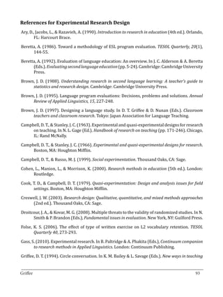 References for Experimental Research Design
Ary, D., Jacobs, L., & Razavieh, A. (1990). Introduction to research in education (4th ed.). Orlando,
        FL: Harcourt Brace.

Beretta, A. (1986). Toward a methodology of ESL program evaluation. TESOL Quarterly, 20(1),
      144-55.

Beretta, A. (1992). Evaluation of language education: An overview. In J. C. Alderson & A. Beretta
      (Eds.). Evaluating second language education (pp. 5-24). Cambridge: Cambridge University
      Press.

Brown, J. D. (1988). Understanding research in second language learning: A teacher’s guide to
     statistics and research design. Cambridge: Cambridge University Press.

Brown, J. D. (1995). Language program evaluations: Decisions, problems and solutions. Annual
     Review of Applied Linguistics, 15, 227-248.

Brown, J. D. (1997). Designing a language study. In D. T. Griffee & D. Nunan (Eds.). Classroom
     teachers and classroom research. Tokyo: Japan Association for Language Teaching.

Campbell, D. T., & Stanley, J. C. (1963). Experimental and quasi-experimental designs for research
     on teaching. In N. L. Gage (Ed.). Handbook of research on teaching (pp. 171-246). Chicago,
     IL: Rand McNally.

Campbell, D. T., & Stanley, J. C. (1966). Experimental and quasi-experimental designs for research.
     Boston, MA: Houghton Mifflin.

Campbell, D. T., & Russo, M. J. (1999). Social experimentation. Thousand Oaks, CA: Sage.

Cohen, L., Manion, L., & Morrison, K. (2000). Research methods in education (5th ed.). London:
      Routledge.

Cook, T. D., & Campbell, D. T. (1979). Quasi-experimentation: Design and analysis issues for field
      settings. Boston, MA: Houghton Mifflin.

Creswell, J. W. (2003). Research design: Qualitative, quantitative, and mixed methods approaches
     (2nd ed.). Thousand Oaks, CA: Sage.

Droitcour, J. A., & Kovar, M. G. (2008). Multiple threats to the validity of randomized studies. In N.
      Smith & P. Brandon (Eds.), Fundamental issues in evaluation. New York, NY: Guilford Press.

Folse, K. S. (2006). The effect of type of written exercise on L2 vocabulary retention. TESOL
       Quarterly 40, 273-293.

Gass, S. (2010). Experimental research. In B. Paltridge & A. Phakita (Eds.), Continuum companion
       to research methods in Applied Linguistics. London: Continuum Publishing.

Griffee, D. T. (1994). Circle conversation. In K. M. Bailey & L. Savage (Eds.). New ways in teaching

_________________________________________________________________________________
Griffee										 			93
 