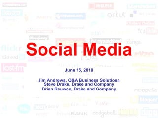 Social Media June 15, 2010 Jim Andrews, Q&A Business Solutions Steve Drake, Drake and Company Brian Reuwee, Drake and Company 