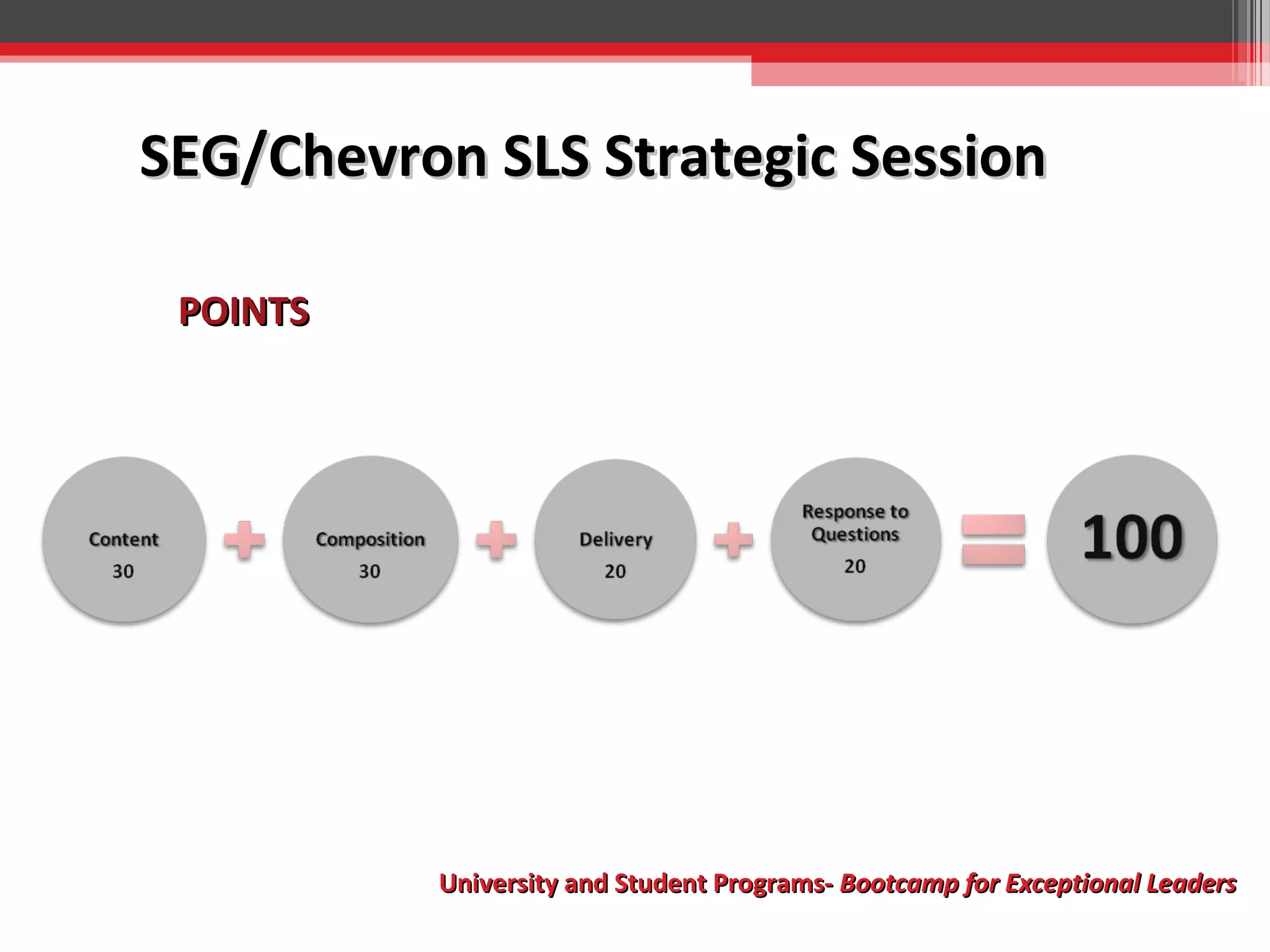 SEG/Chevron SLS Strategic Session
POINTS

University and Student Programs- Bootcamp for Exceptional Leaders

 