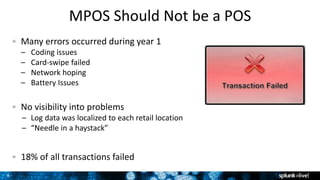 8
MPOS Should Not be a POS
Many errors occurred during year 1
– Coding issues
– Card-swipe failed
– Network hoping
– Battery Issues
No visibility into problems
– Log data was localized to each retail location
– “Needle in a haystack”
18% of all transactions failed
 
