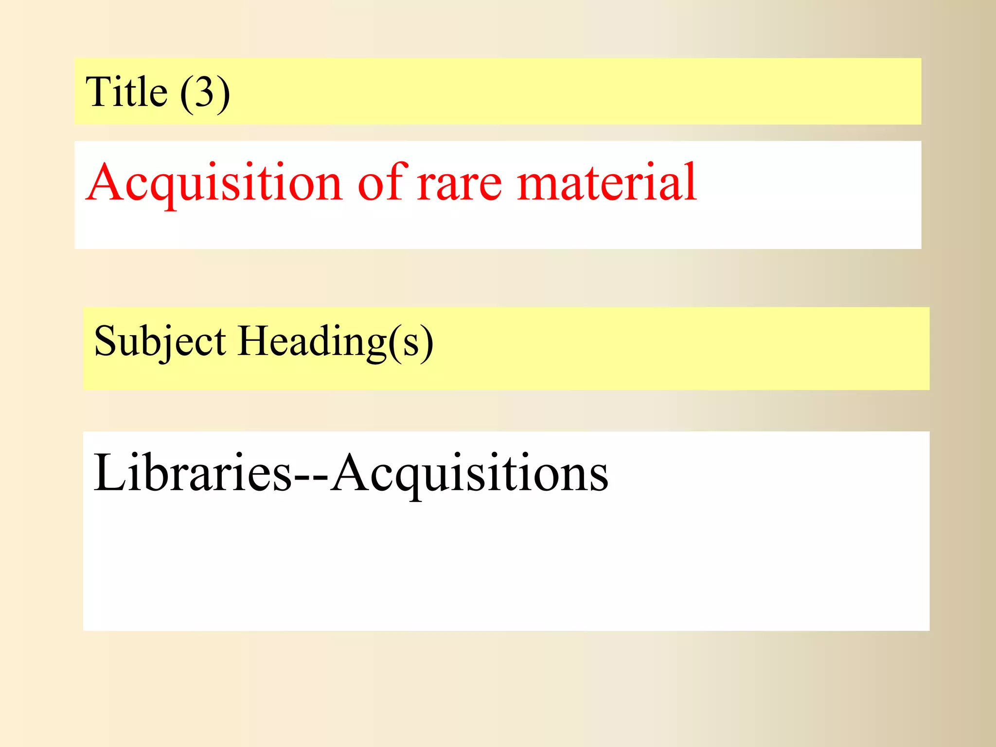 Title (3)
Subject Heading(s)
Libraries--Acquisitions
Acquisition of rare material
 