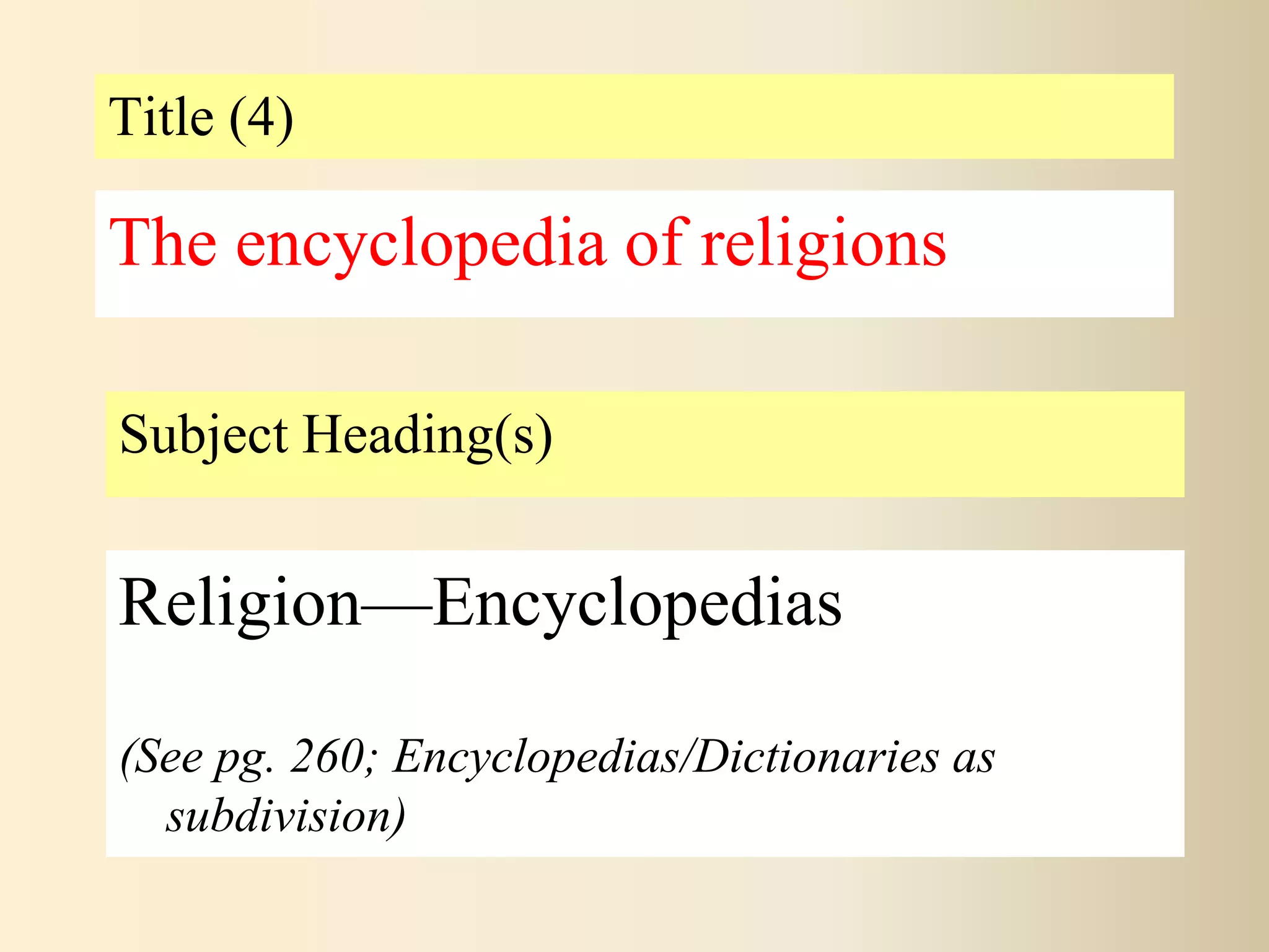 Title (4)
Subject Heading(s)
Religion—Encyclopedias
(See pg. 260; Encyclopedias/Dictionaries as
subdivision)
The encyclopedia of religions
 