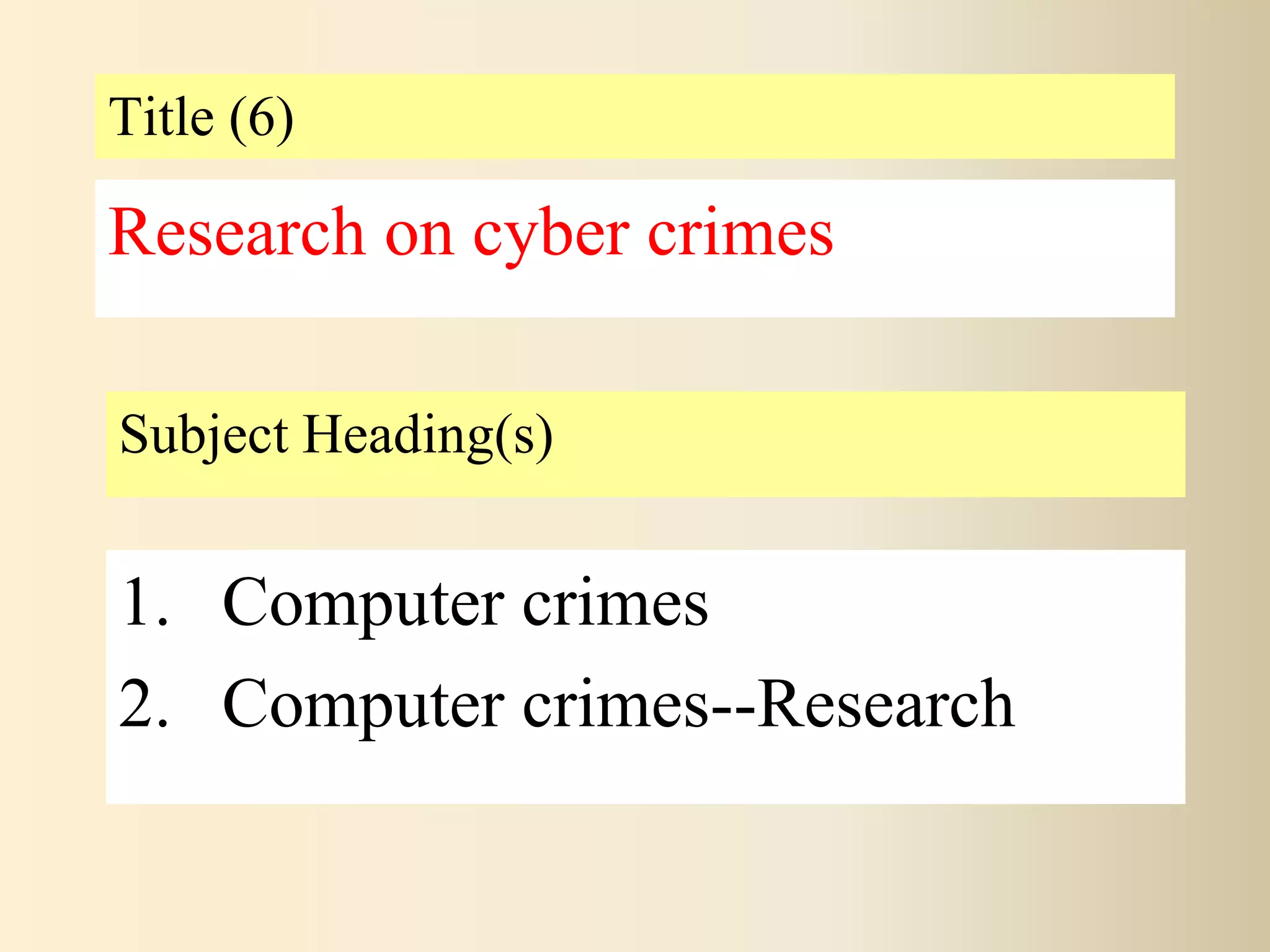 Title (6)
Subject Heading(s)
1. Computer crimes
2. Computer crimes--Research
Research on cyber crimes
 