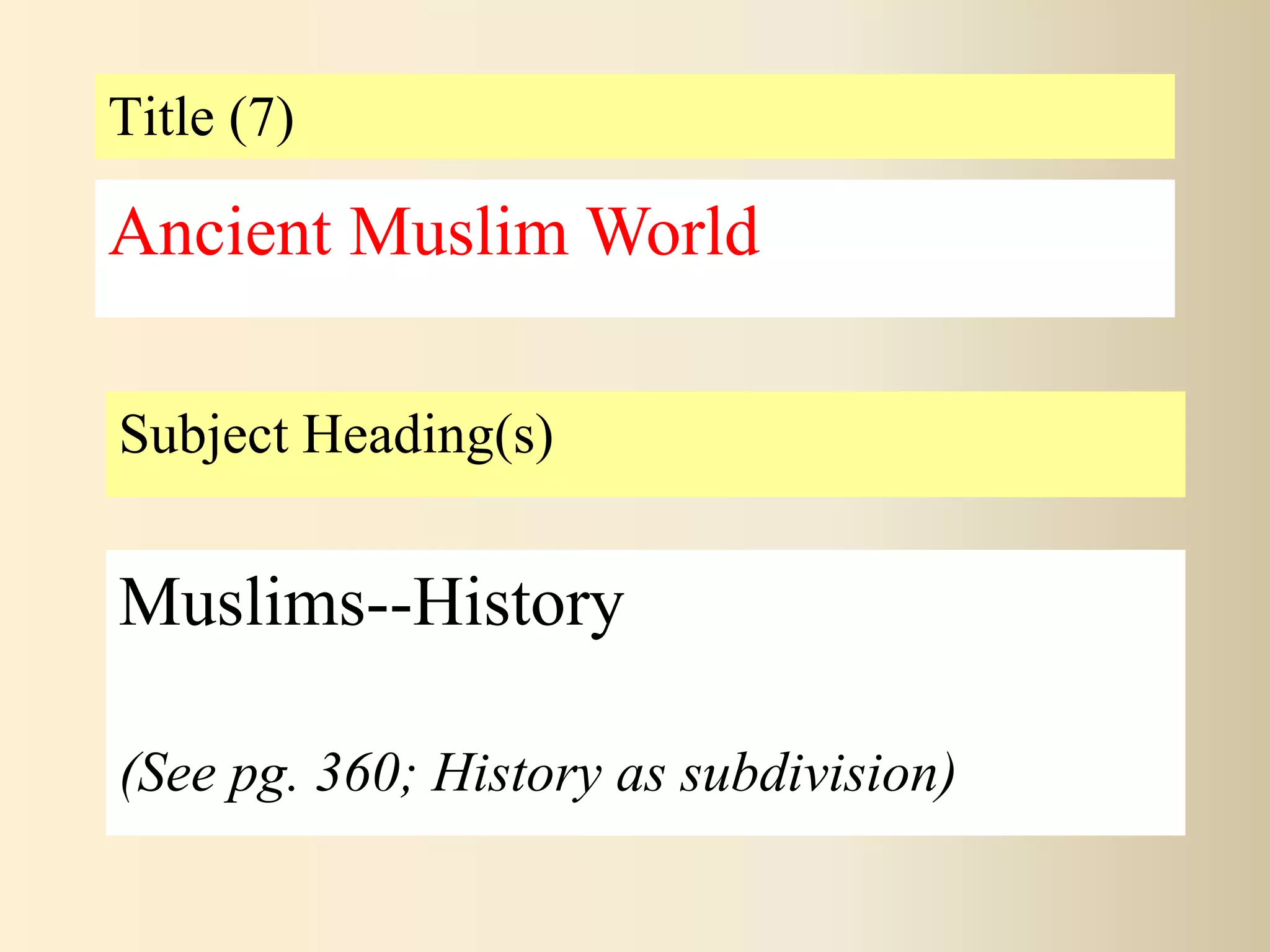Title (7)
Subject Heading(s)
Muslims--History
(See pg. 360; History as subdivision)
Ancient Muslim World
 