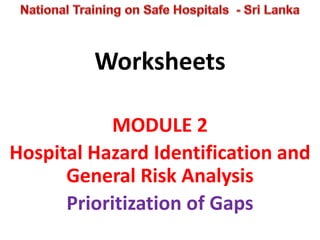 Worksheets 
MODULE 2 
Hospital Hazard Identification and 
General Risk Analysis 
Prioritization of Gaps 
 