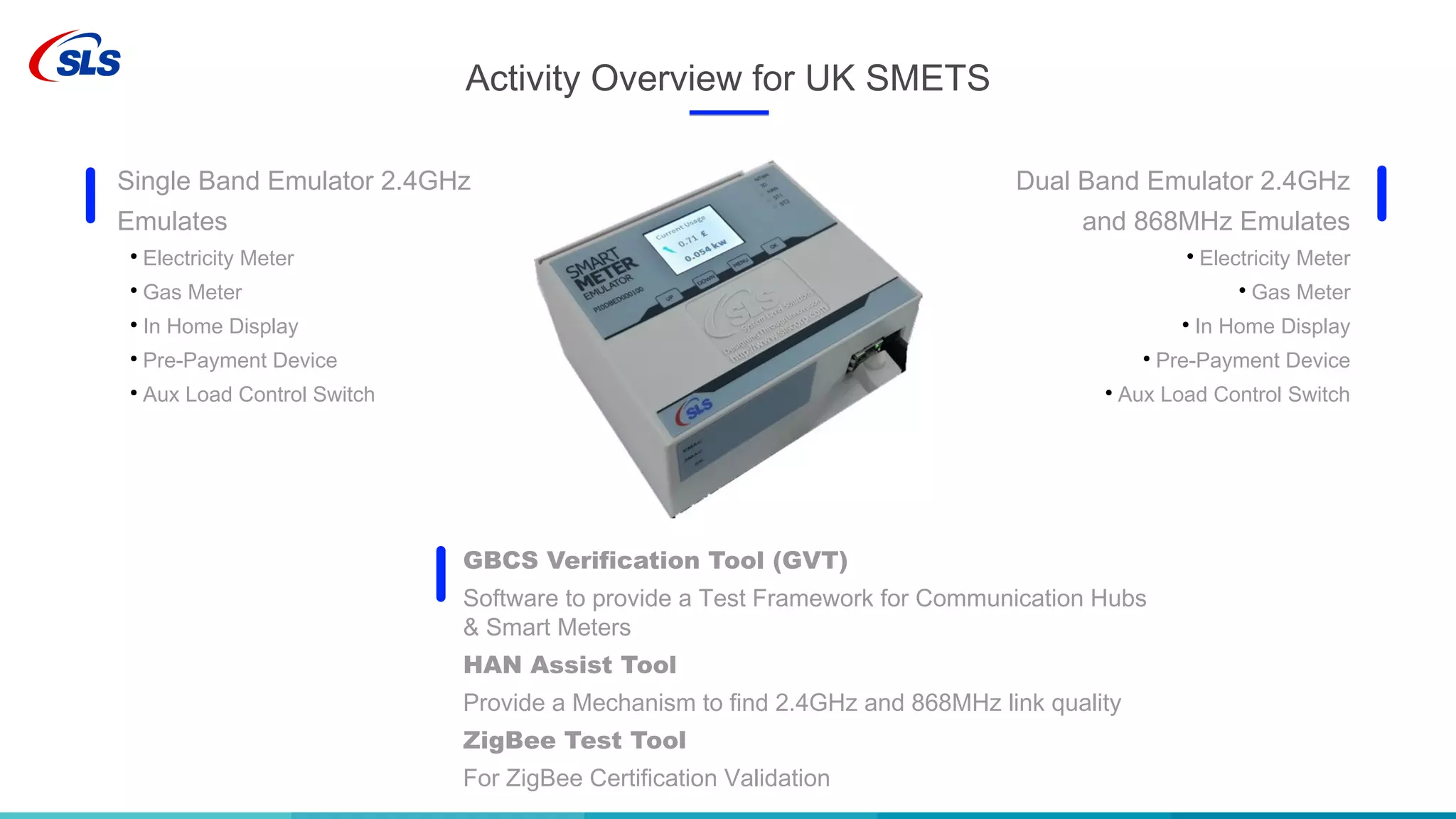 Activity Overview for UK SMETS
Dual Band Emulator 2.4GHz
and 868MHz Emulates
●
Electricity Meter
●
Gas Meter
●
In Home Display
●
Pre-Payment Device
●
Aux Load Control Switch
GBCS Verification Tool (GVT)
Software to provide a Test Framework for Communication Hubs
& Smart Meters
HAN Assist Tool
Provide a Mechanism to find 2.4GHz and 868MHz link quality
ZigBee Test Tool
For ZigBee Certification Validation
Single Band Emulator 2.4GHz
Emulates
●
Electricity Meter
●
Gas Meter
●
In Home Display
●
Pre-Payment Device
●
Aux Load Control Switch
 