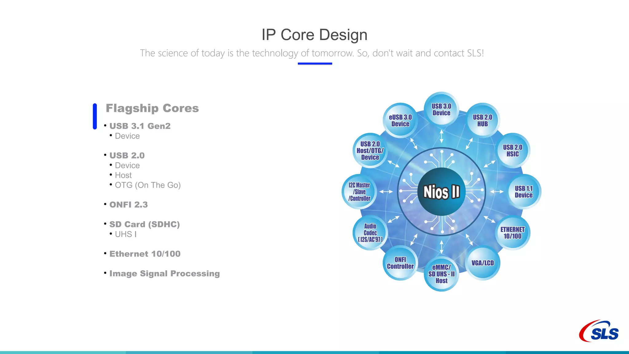 IP Core Design
The science of today is the technology of tomorrow. So, don't wait and contact SLS!
●
USB 3.1 Gen2
●
Device
●
USB 2.0
●
Device
●
Host
●
OTG (On The Go)
●
ONFI 2.3
●
SD Card (SDHC)
●
UHS I
●
Ethernet 10/100
●
Image Signal Processing
Flagship Cores
 