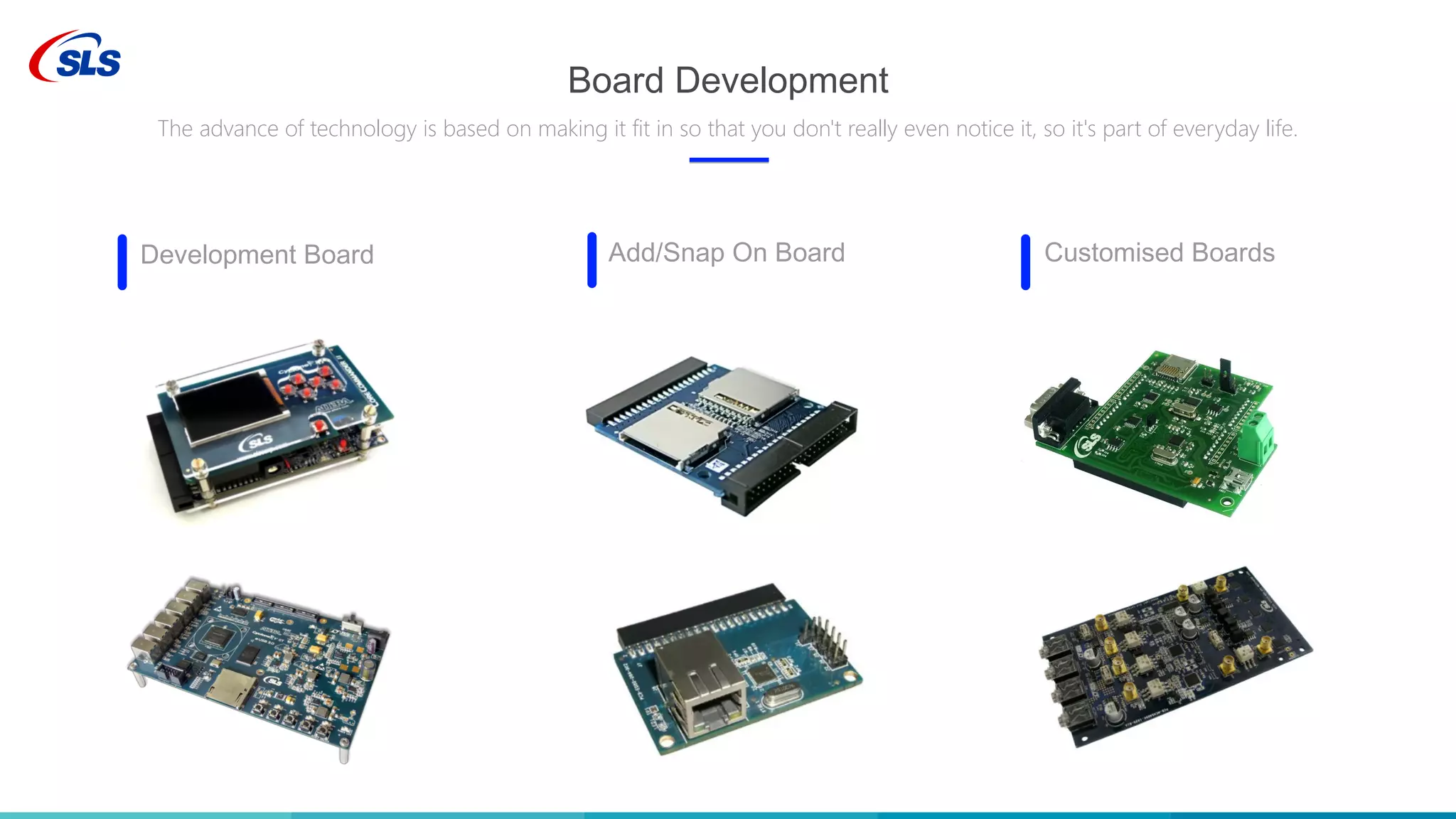 Board Development
The advance of technology is based on making it fit in so that you don't really even notice it, so it's part of everyday life.
Development Board Add/Snap On Board Customised Boards
 