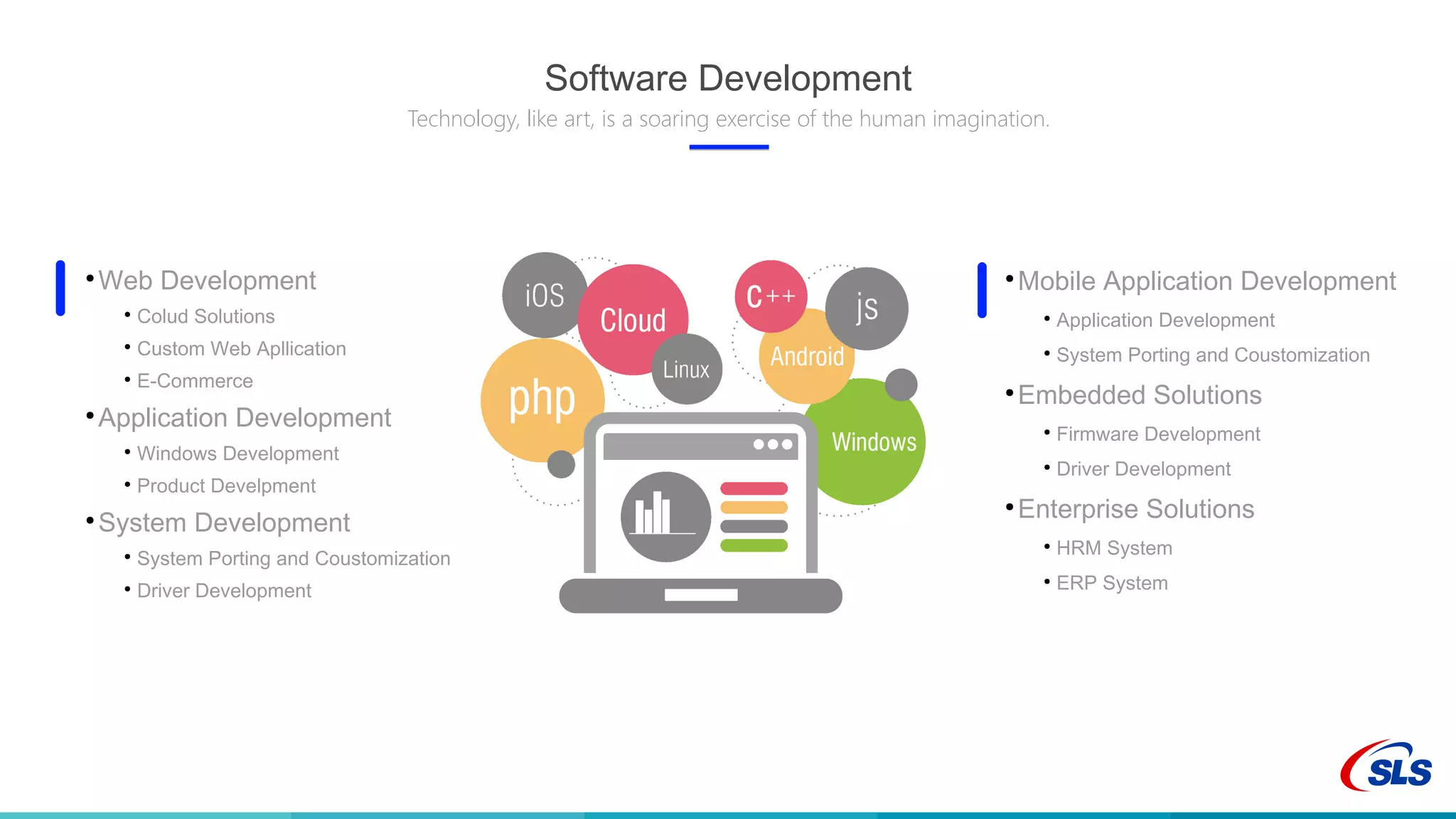 Software Development
Technology, like art, is a soaring exercise of the human imagination.
●
Web Development
●
Colud Solutions
●
Custom Web Apllication
●
E-Commerce
●
Application Development
●
Windows Development
●
Product Develpment
●
System Development
●
System Porting and Coustomization
●
Driver Development
●
Mobile Application Development
●
Application Development
●
System Porting and Coustomization
●
Embedded Solutions
●
Firmware Development
●
Driver Development
●
Enterprise Solutions
●
HRM System
●
ERP System
 