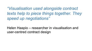 “Visualisation used alongside contract
texts help to piece things together. They
speed up negotiations”
Helen Haapio – researcher in visualisation and
user-centred contract design
 