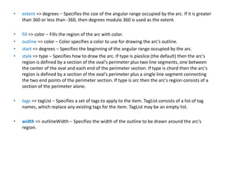 • extent => degrees − Specifies the size of the angular range occupied by the arc. If it is greater
than 360 or less than -360, then degrees modulo 360 is used as the extent.
• fill => color − Fills the region of the arc with color.
• outline => color − Color specifies a color to use for drawing the arc's outline.
• start => degrees − Specifies the beginning of the angular range occupied by the arc.
• style => type − Specifies how to draw the arc. If type is pieslice (the default) then the arc's
region is defined by a section of the oval's perimeter plus two line segments, one between
the center of the oval and each end of the perimeter section. If type is chord then the arc's
region is defined by a section of the oval's perimeter plus a single line segment connecting
the two end points of the perimeter section. If type is arc then the arc's region consists of a
section of the perimeter alone.
• tags => tagList − Specifies a set of tags to apply to the item. TagList consists of a list of tag
names, which replace any existing tags for the item. TagList may be an empty list.
• width => outlineWidth − Specifies the width of the outline to be drawn around the arc's
region.
 