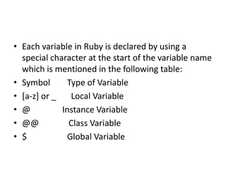 • Each variable in Ruby is declared by using a
special character at the start of the variable name
which is mentioned in the following table:
• Symbol Type of Variable
• [a-z] or _ Local Variable
• @ Instance Variable
• @@ Class Variable
• $ Global Variable
 