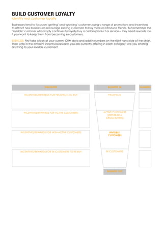BUILD CUSTOMER LOYALTY
Identify real customer loyalty
Businesses tend to focus on ‘getting’ and ‘growing’ customers using a range of promotions and incentives
to attract new business or encourage existing customers to buy more or introduce friends. But remember the
‘invisible’ customer who simply continues to loyally buy a certain product or service – they need rewards too
if you want to keep them from becoming ex-customers.
EXERCISE: First take a look at your current CRM data and add in numbers on the right hand side of the chart.
Then write in the different incentives/rewards you are currently offering in each category. Are you offering
anything to your invisible customer?
PROSPECTS
ACTIVE CUSTOMERS
(REFERRALS /
CROSS-BUYERS)
INVISIBLE
CUSTOMERS
EX-CUSTOMERS
BUSINESS IN
BUSINESS OUT
INCENTIVES/REWARDS FOR PROSPECTS TO BUY:
INCENTIVES/REWARDS FOR ACTIVE CUSTOMERS:
INCENTIVES/REWARDS FOR NON-ACTIVE CUSTOMERS:
INCENTIVES/REWARDS FOR EX-CUSTOMERS TO RE-BUY:
NUMBERSSTRATEGIES
 