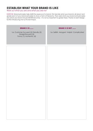 ESTABLISH WHAT YOUR BRAND IS LIKE
Work out what you are and what you are not
EXERCISE: Brand principles help distill the essence of a brand. First decide what your brand is all about and
grade each of your brand principles to show a form of hierarchy. Then add what your brand anti-principles
are (what your brand should NEVER become) - it is not as important to grade these. Thanks to Saint Design
for first introducing me to this technique.
BRAND X IS …….
I.e. Customer focused (5) Friendly (5)
Straightforward (3)
Funny (1) Authentic (4)
BRAND X IS NOT …….
I.e. Selfish Arrogant Insipid Complicated
 
