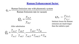 𝑄 𝑅 =
Raman Emission rate with plasmonic system
Raman Emission rate in vacuum
,
,
R P
R
R V
Q


=
After substitution
, , , int
, , , , int
. .exc P rad P rad V
R
exc V rad V rad P nrad P
Q
   
    
+
=
+ +
Intrinsic losses for Raman
emission are much larger
than the radiative part
,
,
R P
R
R V
Q


=
Raman Enhancement factor
 