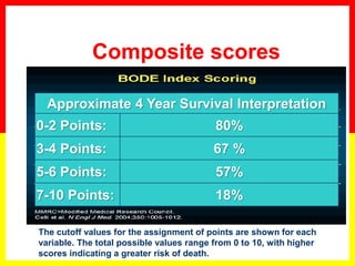 Composite scores
The cutoff values for the assignment of points are shown for each
variable. The total possible values range from 0 to 10, with higher
scores indicating a greater risk of death.
Approximate 4 Year Survival Interpretation
0-2 Points: 80%
3-4 Points: 67 %
5-6 Points: 57%
7-10 Points: 18%
 