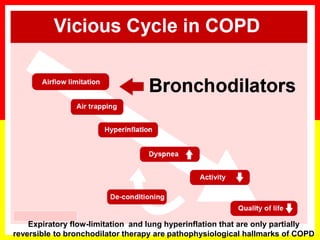 Expiratory flow-limitation and lung hyperinflation that are only partially
reversible to bronchodilator therapy are pathophysiological hallmarks of COPD
 
