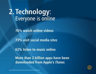 2. Technology:
                 Everyone is online
                 76% watch online videos

                 73% visit social media sites

                 62% listen to music online

                 More than 2 billion apps have been
                 downloaded from Apple’s iTunes
*Razorfish, FEED: The Razorfish Digital Brand Experience Report, 2009, October 2009
 
