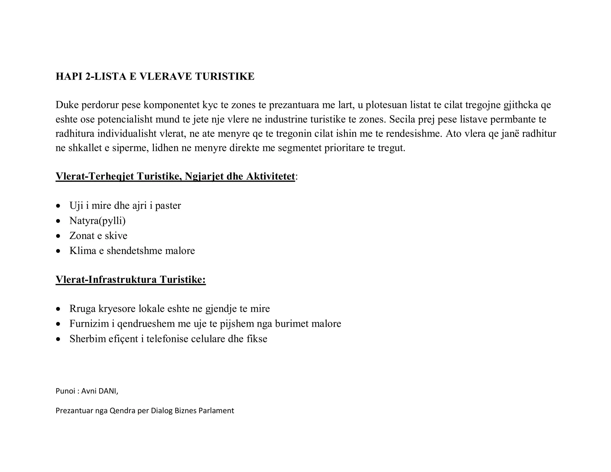 HAPI 2-LISTA E VLERAVE TURISTIKE

Duke perdorur pese komponentet kyc te zones te prezantuara me lart, u plotesuan listat te cilat tregojne gjithcka qe
eshte ose potencialisht mund te jete nje vlere ne industrine turistike te zones. Secila prej pese listave permbante te
radhitura individualisht vlerat, ne ate menyre qe te tregonin cilat ishin me te rendesishme. Ato vlera qe janë radhitur
ne shkallet e siperme, lidhen ne menyre direkte me segmentet prioritare te tregut.

Vlerat-Terheqjet Turistike, Ngjarjet dhe Aktivitetet:

•   Uji i mire dhe ajri i paster
•   Natyra(pylli)
•   Zonat e skive
•   Klima e shendetshme malore

Vlerat-Infrastruktura Turistike:

• Rruga kryesore lokale eshte ne gjendje te mire
• Furnizim i qendrueshem me uje te pijshem nga burimet malore
• Sherbim efiçent i telefonise celulare dhe fikse



Punoi : Avni DANI,

Prezantuar nga Qendra per Dialog Biznes Parlament
 