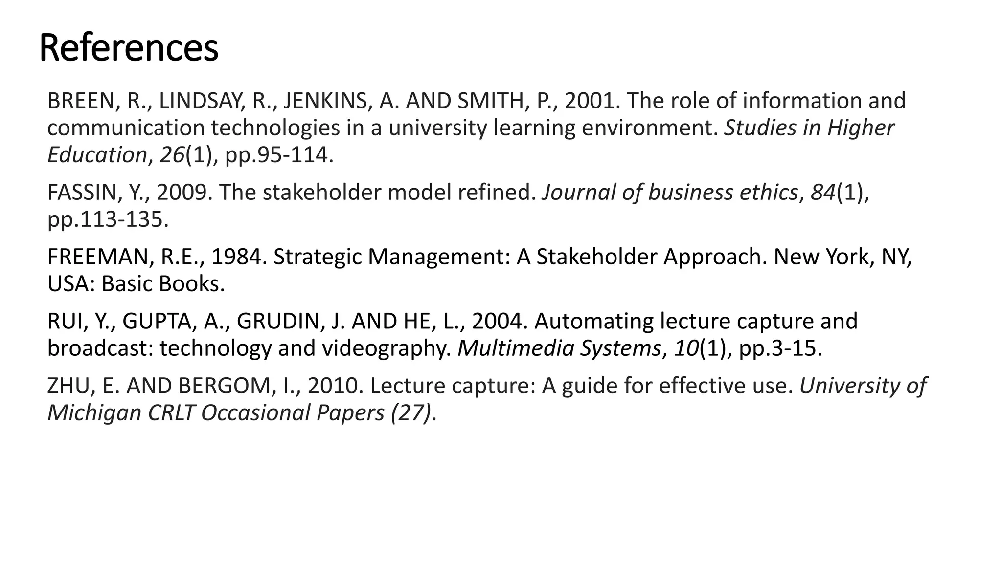 References
BREEN, R., LINDSAY, R., JENKINS, A. AND SMITH, P., 2001. The role of information and
communication technologies in a university learning environment. Studies in Higher
Education, 26(1), pp.95-114.
FASSIN, Y., 2009. The stakeholder model refined. Journal of business ethics, 84(1),
pp.113-135.
FREEMAN, R.E., 1984. Strategic Management: A Stakeholder Approach. New York, NY,
USA: Basic Books.
RUI, Y., GUPTA, A., GRUDIN, J. AND HE, L., 2004. Automating lecture capture and
broadcast: technology and videography. Multimedia Systems, 10(1), pp.3-15.
ZHU, E. AND BERGOM, I., 2010. Lecture capture: A guide for effective use. University of
Michigan CRLT Occasional Papers (27).
 