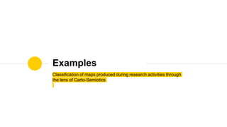Classification of maps produced during research activities through
the lens of Carto-Semiotics
Examples
 