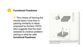 Functional Fixedness
◉ This means of framing the
results bears more than a
passing similarity to ideas
proposed by Dunker (1972)
who suggests that the main
obstacle to creative problem-
solving is what he calls
functional fixedness.
 