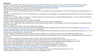 Bibliography
Abu-Akel, A. and A.L. Bailey. 2001. Indexical and symbolic referencing: What role do they play in children's success on theory of mind tasks? Cognition 80: 263-81.
Abudi, G. 2016. The five stages of project team development. https://project-management.com/the-five-stages-of-project-team-development/ (accessed).
Ahlberg, M.K. and J. Wheeldon. 2012. Social science research: Maps, methods & meaning. London: SAGE.
Banks, M. 2008. Using visual data in qualitative research. London: Sage.
Carnevale, P.J. and T.M. Probst. 1998. Social values and social conflict in creative problem solving and categorization. Journal of Personality and Social Psychology 74, no 5:
1300-09.
Celentano, A. and F. Pittarello. 2012. From real to metaphoric maps: Cartography as a visual language for organizing and sharing knowledge. Journal of Visual Languages and
Computing 23: 63-77.
Chrysikou, E.G., K. Motyka, C. Nigro, S.I. Yang and S.L. Thompson-Schill. 2016. Functional fixedness in creative thinking tasks depends on stimulus modality. Psychology of
Aesthetics, Creativity, and the Arts 10, no 4: 425-35.
Duncker, K. 1972. On problem-solving. New ed. Westport: Greenwood.
Gauntlett, D. 2007. Creative explorations: New approaches to identities and audiences: London: Routledge, 2007.
Gauntlett, D. and A. Fatimah. 2012. Action-based visual and creative methods in social research. In The handbook of visual culture, eds Heywood, I and Sandywell, B, 589-
606: London : Berg, 2012.
Goffman, E. 1990. The presentation of self in everyday life: London: Penguin.
Goria, S. and M. Papadopoulou. 2012. Icons versus symbols: Investigating preschoolers' cartographic design. Journal for Theoretical Cartography 5, http://meta-carto-
semiotics.org/uploads/mcs_vol5_2012/MCS_Vol5_2012_Goria.pdf (accessed.
Hanney, R. and M. Savin-Baden. 2013. The problem of projects: Understanding the theoretical underpinnings of project-led pbl. London Review of Education 11, no 1: 7-19.
The perfect human. Directed by Leth, J. Denmark, 1967.
Mitchell, L.M. 2006. Child-centered? Thinking critically about children's drawings as a visual research method. VISUAL ANTHROPOLOGY REVIEW 22: 60-73.
Pauwels, L. 2009. Visual sociology reframed: An analytical synthesis and discussion of visual methods in social and cultural research. Sociological Methods and Research 38,
no 4: 545-81.
Peirce, C.S. 1994. Ed. Hoopes, J. Peirce on signs: writings on semiotic. North Carolina: University of North Carolina Press.
Rose, G. 2012. Visual methodologies: An introduction to researching with visual materials: Los Angeles, [Calif.] ; London : SAGE, 2012. 3rd ed.
Rose, G. 2014. On the relation between 'visual research methods' and contemporary visual culture. Sociological Review Monograph 62, no 1: 24-46.
Rose, G. 2016. Visual methodologies: An introduction to researching with visual materials: London : SAGE 4th edition.
Schlichtmann, H. 2009. Overview of the semiotics of maps. In 24th International Cartographic Conference. Santiago, Chile.
Schlichtmann, H. 2014. Information in maps: Basic characteristics. Journal for Theoretical Cartography 7, http://meta-carto-
semiotics.org/uploads/mcs_vol7_2014/MCS_Vol7_2014_Schlichtmann.pdf (accessed).
Solomon, I. 1994. Analogical transfer and `functional fixedness' in the science classroom. Journal of Educational Research 87, no 6: 371.
The five obstructions. Directed by Von Trier, L. Denmark: Jensen, Pa and Windeløv, V, 2003.
 