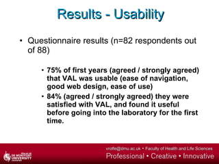 Results - Usability <ul><li>Questionnaire results (n=82 respondents out of 88) </li></ul><ul><ul><ul><li>75% of first year...