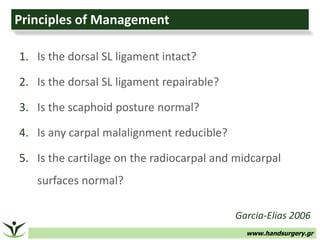 www.handsurgery.gr
Principles of Management
1. Is the dorsal SL ligament intact?
2. Is the dorsal SL ligament repairable?
3. Is the scaphoid posture normal?
4. Is any carpal malalignment reducible?
5. Is the cartilage on the radiocarpal and midcarpal
surfaces normal?
Garcia-Elias 2006
 