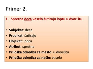 Primer 2.
1. Spretna deca veselo šutiraju loptu u dvorištu.
• Subjekat: deca
• Predikat: šutiraju
• Objekat: loptu
• Atribut: spretna
• Priloška odredba za mesto: u dvorištu
• Priloška odredba za način: veselo
 
