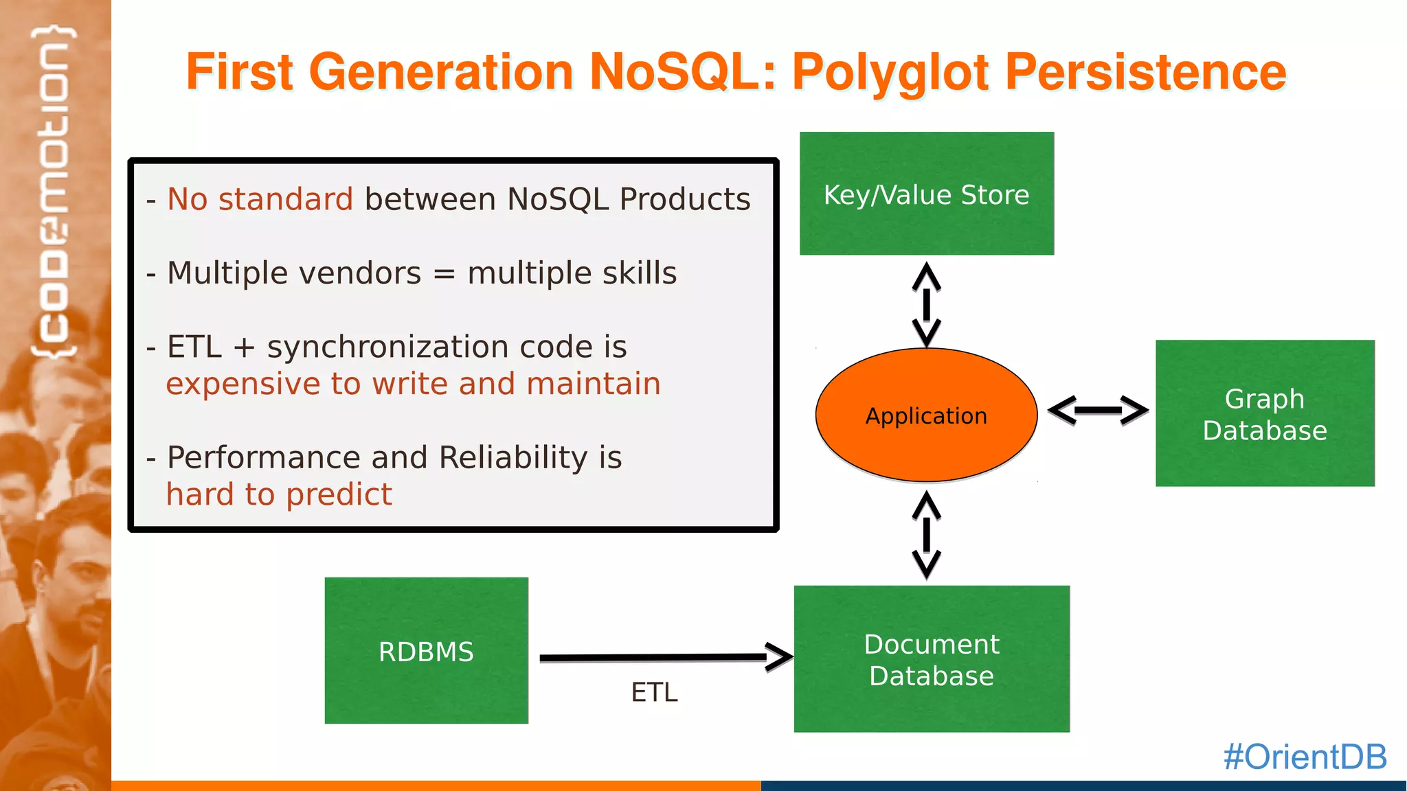 #OrientDB
Key/Value StoreKey/Value Store
Document
Database
Document
Database
Graph
Database
Graph
Database
ApplicationApplication
ETL
            
First Generation NoSQL: Polyglot PersistenceFirst Generation NoSQL: Polyglot Persistence
- No standard between NoSQL Products
- Multiple vendors = multiple skills
- ETL + synchronization code is
expensive to write and maintain
- Performance and Reliability is
hard to predict
RDBMSRDBMS
 