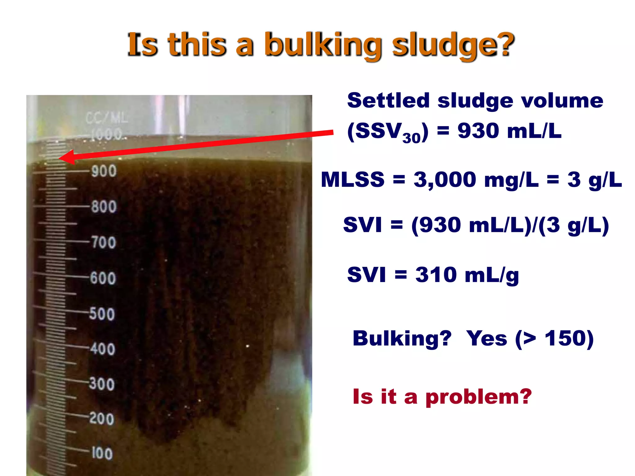 MLSS = 3,000 mg/L = 3 g/L
Bulking? Yes (> 150)
Is it a problem?
Settled sludge volume
(SSV30) = 930 mL/L
SVI = 310 mL/g
Is this a bulking sludge?
SVI = (930 mL/L)/(3 g/L)
 