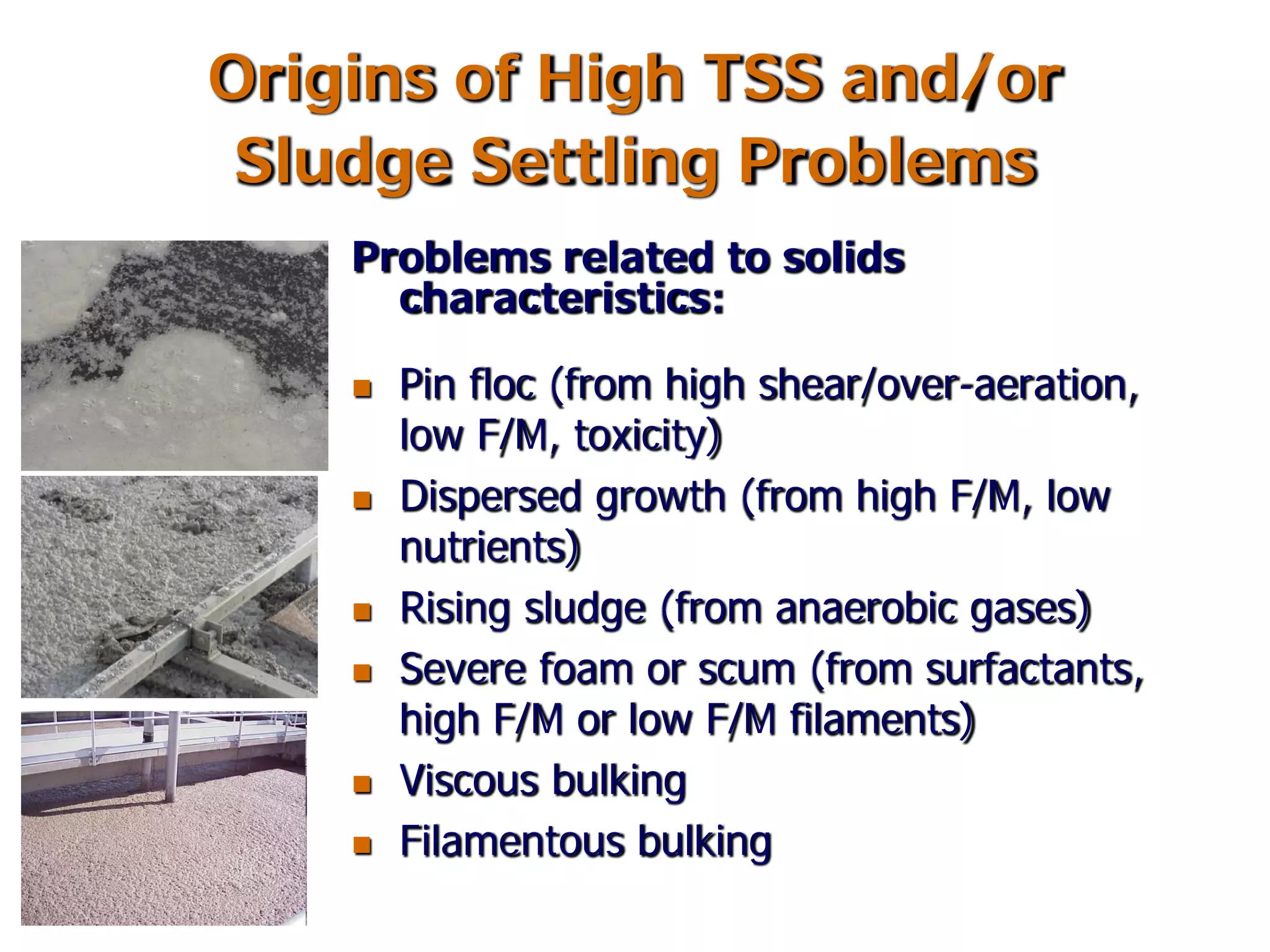 Origins of High TSS and/or
Sludge Settling Problems
Problems related to solids
characteristics:
 Pin floc (from high shear/over-aeration,
low F/M, toxicity)
 Dispersed growth (from high F/M, low
nutrients)
 Rising sludge (from anaerobic gases)
 Severe foam or scum (from surfactants,
high F/M or low F/M filaments)
 Viscous bulking
 Filamentous bulking
 
