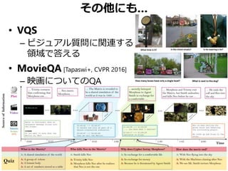 その他にも…
• VQS
– ビジュアル質問に関連する
領域で答える
• MovieQA [Tapaswi+, CVPR 2016]
– 映画についてのQA
 