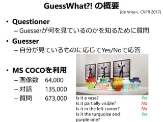 GuessWhat?! の概要
• Questioner
– Guesserが何を見ているのかを知るために質問
• Guesser
– 自分が見ているものに応じてYes/Noで応答
• MS COCOを利用
– 画像数 64,000
– 対話 135,000
– 質問 673,000 Is it a vase? Yes
Is it partially visible? No
Is it in the left corner? No
Is it the turquoise and Yes
purple one?
[de Vries+, CVPR 2017]
 