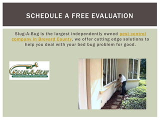 SCHEDULE A FREE EVALUATION

 Slug- A-Bug is the largest independently owned pest control
company in Brevard County, we of fer cutting edge solutions to
     help you deal with your bed bug problem for good.
 