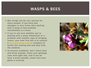 WASPS & BEES
Bee stings can be ver y serious for
many people. If you have bee
allergies in your home then dealing
with a wasp or bee problem
immediately is a must.
If you’re not sure whether you’re
dealing with a wasp infestation or a
problem with another type of stinging
insect, your best fir st bet is to contact
a pest and wasp control company to
locate the nesting site and deal with
the problem.
To prevent problems, don’t leave food
and drink outside. Cover your garbage
cans with tight lids, and if you do
have a drink outside, make sure your
glass is covered.