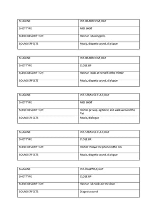 SLUGLINE INT. BATHROOM; DAY 
SHOT TYPE MID SHOT 
SCENE DESCRIPTION Hannah is taking pills 
SOUND EFFECTS Music, diagetic sound, dialogue 
SLUGLINE INT. BATHROOM; DAY 
SHOT TYPE CLOSE UP 
SCENE DESCRIPTION Hannah looks at herself in the mirror 
SOUND EFFECTS Music, diagetic sound, dialogue 
SLUGLINE INT. STRANGE FLAT; DAY 
SHOT TYPE MID SHOT 
SCENE DESCRIPTION Hector gets up, agitated, and walks around the 
flat 
SOUND EFFECTS Music, dialogue 
SLUGLINE INT. STRANGE FLAT; DAY 
SHOT TYPE CLOSE UP 
SCENE DESCRIPTION Hector throws the phone in the bin 
SOUND EFFECTS Music, diagetic sound, dialogue 
SLUGLINE INT. HALLWAY; DAY 
SHOT TYPE CLOSE UP 
SCENE DESCRIPTION Hannah is knocks on the door 
SOUND EFFECTS Diagetic sound 
 