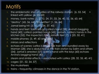 1.    the emblematic shot of Latika at the railway station: [6, 53, 54] +
      linked with yellow: [6, 20, 60]
2.    money, bank notes: [1, 2, 12, 24, 31, 33, 36, 40, 52, 56, 63, 64]
3.    "destiny": [45, 56, 64]; "It is written" [1, 56, 64]
4.    Jamal being hit: [3, 10, 13, 34, 37, 45]
5.    hands and feet: Salim lets go Latika's hand [28]; Arvind's begging
      hand [40]; Latika's painted hands [45]; Jamal's, Latika's hands in the
      kitchen [52]; the inspector's feet, Jamal's feet [7]; + [20, 32, 41]
6.    mobile phones: [5, 49, 60 onwards]
7.    mirrors and reflections
8.    echoes of scenes: Latika is left by the train and bundled away by
      Maman [28]; she is abducted at the train station by Salim and others
      [54]; Jamal is arrested [57]; Salim's hand with the keys [60] echoes
      Arvind's begging hand [40]
9.    steam and similar effects – associated with Latika: [28, 32, 35, 40, 41]
10.   cages: [51, 52, 54, 57]
11.   the musketeers
12.   trains – frequently; climaxes in the dance in the TV station.
 