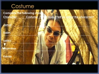 Complete the following chart:
Character        Costume What does it tell us about the character?

Jamal

Salim

Latika

Mamman

Kumar
 