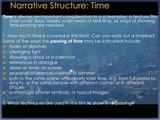 Time is always an important consideration in a screenplay; a feature film
   may cover days, weeks, even years of real time, so ways of showing
   time passing are needed.

1. How much time is covered in this film? Can you work out a timeline?
Some of the ways the passing of time may be indicated include:
 fades or dissolves
 changing light
 showing a clock or a calendar
 references in dialogue
 dates or times on screen
 seasonal differences – winter to summer
 cuts to the same scene at a clearly later time, e.g. from full plates to
    empty, or the same people with different clothes or in different
    places.
 a montage of brief symbolic or typical images.


2. What techniques are used in this film to show time passing?
 
