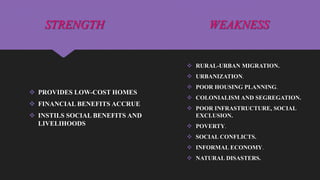 STRENGTH
 PROVIDES LOW-COST HOMES
 FINANCIAL BENEFITS ACCRUE
 INSTILS SOCIAL BENEFITS AND
LIVELIHOODS
WEAKNESS
 RURAL-URBAN MIGRATION.
 URBANIZATION.
 POOR HOUSING PLANNING.
 COLONIALISM AND SEGREGATION.
 POOR INFRASTRUCTURE, SOCIAL
EXCLUSION.
 POVERTY.
 SOCIAL CONFLICTS.
 INFORMAL ECONOMY.
 NATURAL DISASTERS.
 