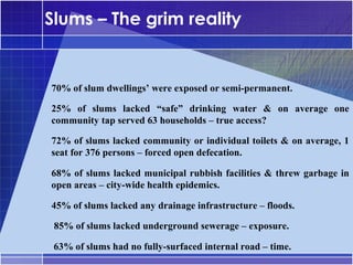 Slums – The grim reality


•




    70% of slum dwellings’ were exposed or semi-permanent.
•




    25% of slums lacked “safe” drinking water & on average one
    community tap served 63 households – true access?
•




    72% of slums lacked community or individual toilets & on average, 1
    seat for 376 persons – forced open defecation.
•




    68% of slums lacked municipal rubbish facilities & threw garbage in
    open areas – city-wide health epidemics.
•




    45% of slums lacked any drainage infrastructure – floods.
•




     85% of slums lacked underground sewerage – exposure.
•




     63% of slums had no fully-surfaced internal road – time.
 