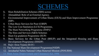 1. Slum Rehabilitation Schemes (SRS) across
2. Ahmadabad: Role of an External Agency.
3. Environmental Improvement of Urban Slums (EIUS) and Slum Improvement Programme
(SIP) .
4. Urban Basic Services for Poor (UBSP)
5. The Low Cost Sanitation (LCS) Programme,
6. The Slum Networking Programme (SNP)3
7. The Sites and Services (S&S) Schemes
8. Slum Up gradation Programme (SUP)
9. Basic Services for the Urban Poor (BSUP) and the Integrated Housing and Slum
Development Programme (IHSDP)
10. Rajiv Awas Yojana (RAY)
11. The National Slum Development Programme(NSDP)
12. Jawaharlal Nehru National Urban Renewal Mission (JNNURM)
13. Slum Areas (Improvement and Clearance) Act, 1956
SCHEMES
12
 