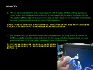 Smart-Offic e We set up two desktop PCs and an audio system with IR nodes. We tested Slurp by moving  video, audio, and files between the displays. A touchscreen display would be able to identify  the position of Slurp against its screen, but since we didn’t have any we simulated touchscreens  by using the mouse and moving it to match Slurp’s position. 我們設定二台電腦和紅外線聲音系統 . 我們測試通過移動影視 , 音頻和文件啜食在顯示間 . 觸控螢幕顯示可以辨認位置啜食 來對抗螢幕 , 但自從我們沒有其中之一我們模仿觸碰螢幕透過滑鼠移動它向啜食的位置 . This allowed us to get a sense of screen-to-screen operations. By using Slurp’s IR channel to  tell the computer when to extract and inject the files along with the mouse position we could  grab files directly off of one screen and deposit them onto the other. 這允許我們得到螢幕對螢幕操作感覺 . 經由使用啜食紅外線圖層靠訴電腦 何時抽出和注射檔案和滑鼠定位一起 , 我們可以直接關閉檔案在螢幕和放 置它們到另一台 