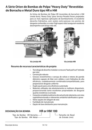 14-112Descrição técnica
A Série Orion de Bombas de Polpa“Heavy Duty”Revestidas
de Borracha e Metal Duro tipo HR e HM
As linhas de Bombas de Polpa HR (revestidas de borracha) e HM
(metal duro), ‘Heavy Duty’ (para Serviço Pesado) foram projetadas
para as mais rigorosas aplicações de bombeamento. O excelente
desenho hidráulico, com seções extra-grossas nos pontos de
desgaste conhecidos, e o rotor‘high aspect ratio’asseguram excelente
desempenho com longa vida útil.
		
		 	
Via úmida HR			 Via úmida HM
Resumo de recursos/características de projeto
• 	 Tecnologiadedesenhomodulareorecurso“backpull-out”(retirada
por trás)
• 	 Construção robusta
• 	 Grossos revestimentos e carcaça de voluta e rotores de grande
diâmetro capazes de lidar com sólidos e com hidráulica de alta
eficiência, cuidadosamente combinada/compatibilizada, para
proporcionar desgaste uniforme
• 	 Duplo ajuste para uma eficiência sustentada
• 	 Materiais utilizados são absolutamente os melhores disponíveis,
proporcionando tanto excelentes propriedades de desgaste
quanto resistência à corrosão
• 	 Conjuntocompleto/autônomodecartuchoderolamento,comeixo
superdimensionado e rolamentos antiatrito lubrificados a graxa
• 	 Várias opções de selagem de eixo
• 	 Facilidade de manutenção
• 	 Opção de base deslizante para manutenção
	 HR or HM 100
	 Tipo da Bomba: HR Borracha 		 Tamanho do Bocal
Tipo da Bomba: HM Metal			 de Entrada (mm)
DESIGNAÇÃO DA BOMBA
 