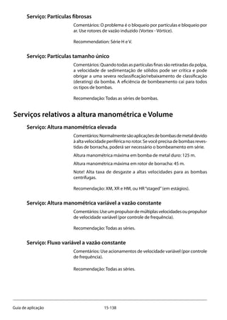 15-138Guia de aplicação
Serviço: Partículas fibrosas
Comentários: O problema é o bloqueio por partículas e bloqueio por
ar. Use rotores de vazão induzido (Vortex - Vórtice).
Recommendation: Série H e V.
Serviço: Partículas tamanho único
Comentários: Quando todas as partículas finas são retiradas da polpa,
a velocidade de sedimentação de sólidos pode ser crítica e pode
obrigar a uma severa reclassificação/rebaixamento de classificação
(derating) da bomba. A eficiência de bombeamento cai para todos
os tipos de bombas.
Recomendação: Todas as séries de bombas.
Serviços relativos a altura manométrica e Volume
Serviço: Altura manométrica elevada
Comentários:Normalmentesãoaplicaçõesdebombasdemetaldevido
à alta velocidade periférica no rotor. Se você precisa de bombas reves-
tidas de borracha, poderá ser necessário o bombeamento em série.
Altura manométrica máxima em bomba de metal duro: 125 m.
Altura manométrica máxima em rotor de borracha: 45 m.
Note! Alta taxa de desgaste a altas velocidades para as bombas
centrífugas.
Recomendação: XM, XR e HM, ou HR“staged”(em estágios).
Serviço: Altura manométrica variável a vazão constante
Comentários:Useumpropulsordemúltiplasvelocidadesoupropulsor
de velocidade variável (por controle de frequência).
Recomendação: Todas as séries.
Serviço: Fluxo variável a vazão constante
Comentários: Use acionamentos de velocidade variável (por controle
de frequência).
Recomendação: Todas as séries.
 