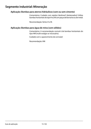 15-150Guia de aplicação
Segmento industrial: Mineração
Aplicação: Bombas para aterros hidráulicos (com ou sem cimento)
Comentários: Cuidado com rejeitos ‘deslimed’ (deslamados)! Utilize
bombashorizontaisdotipoHouMcompeçasdeborrachaoudemetal.
Recomendação: Séries H e M.
Aplicação: Bombas para água de mina (com sólidos)
Comentários: A recomendação normal é de bombas horizontais do
tipo HM (multi-estágio se necessário).
Cuidado com o aparecimento de corrosão!
Recomendação: HM
 